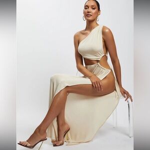 Paige Ruched Side Cut Out Maxi Dress - Nude